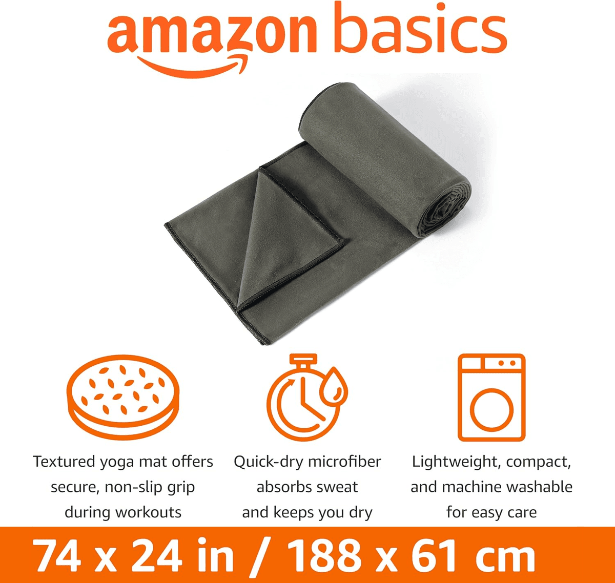 Amazon Basics Hot Yoga Mat Towel, Gray, 74 x 24 inches image 2