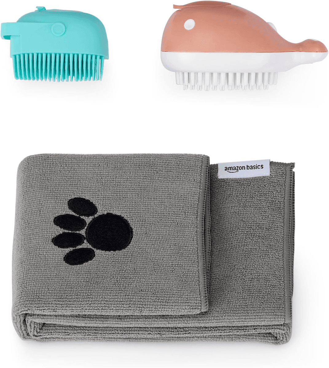 Amazon Basics Dog Bath Brush and Fast-Dry Towel Set, 3-Piece