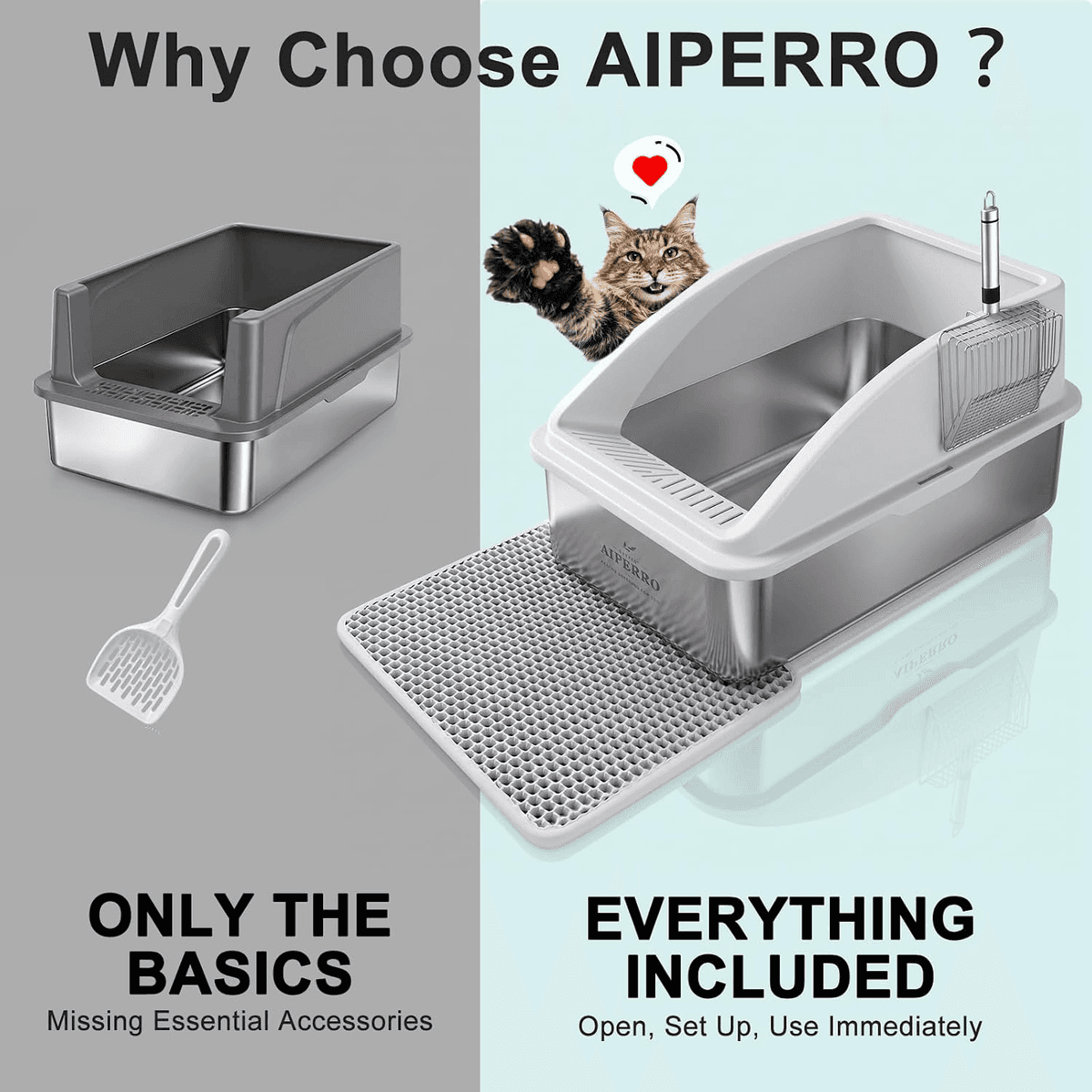 AIPERRO XL Stainless Steel Enclosed Cat Litter Box Set, Silver Grey image 3