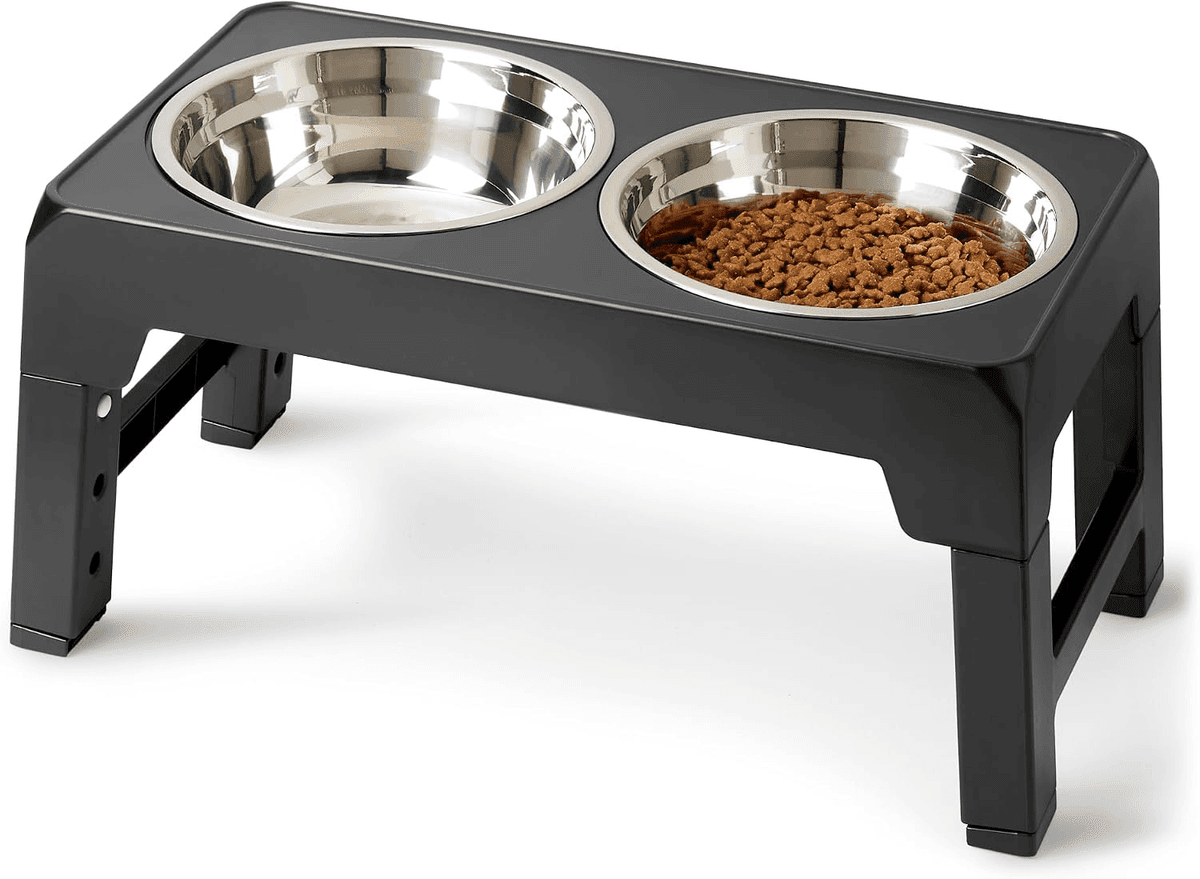 Amazon Basics Adjustable Elevated Dog Bowls Stand with Two Stainless Steel Bowls