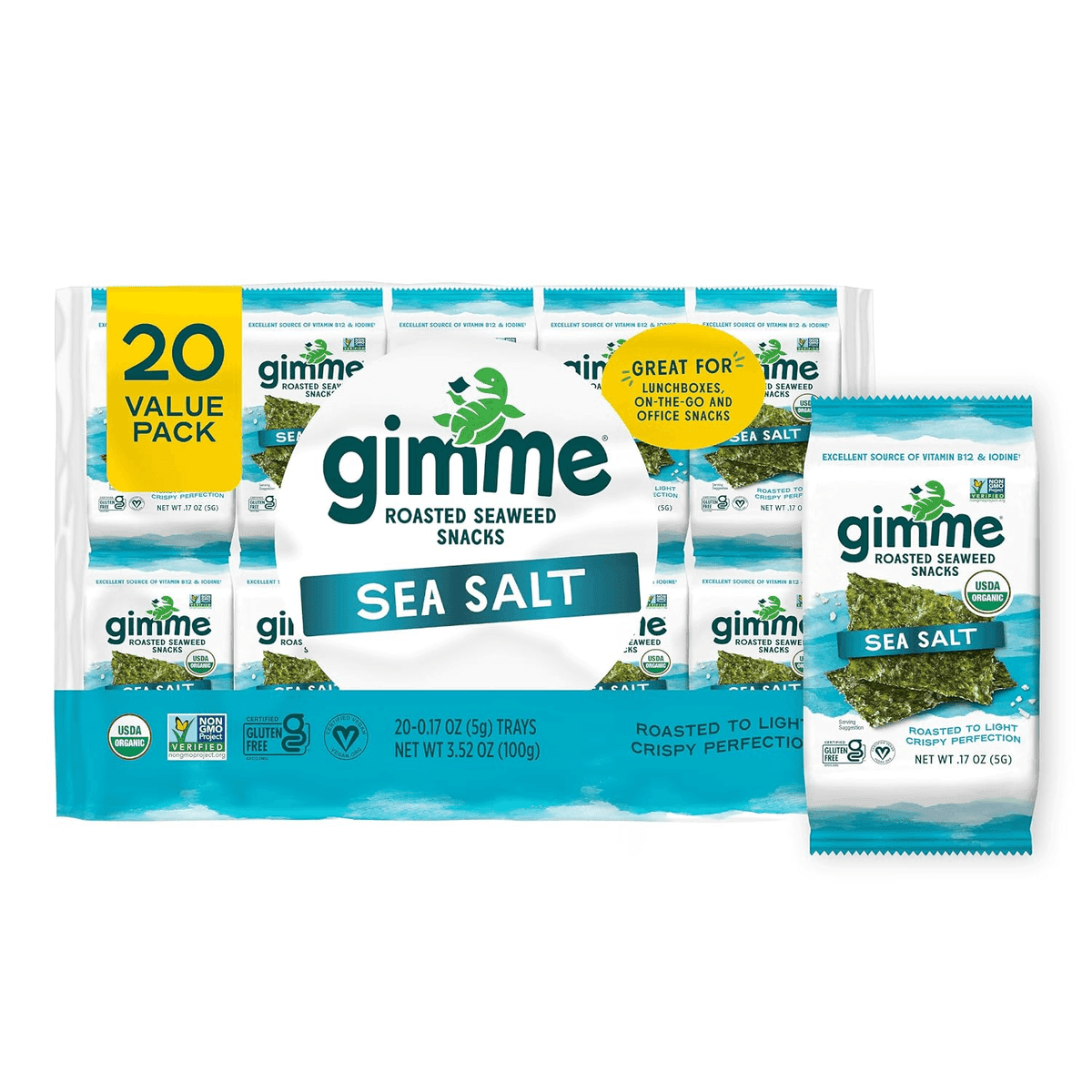 gimMe Organic Roasted Seaweed Snacks, Sea Salt, 20-Count