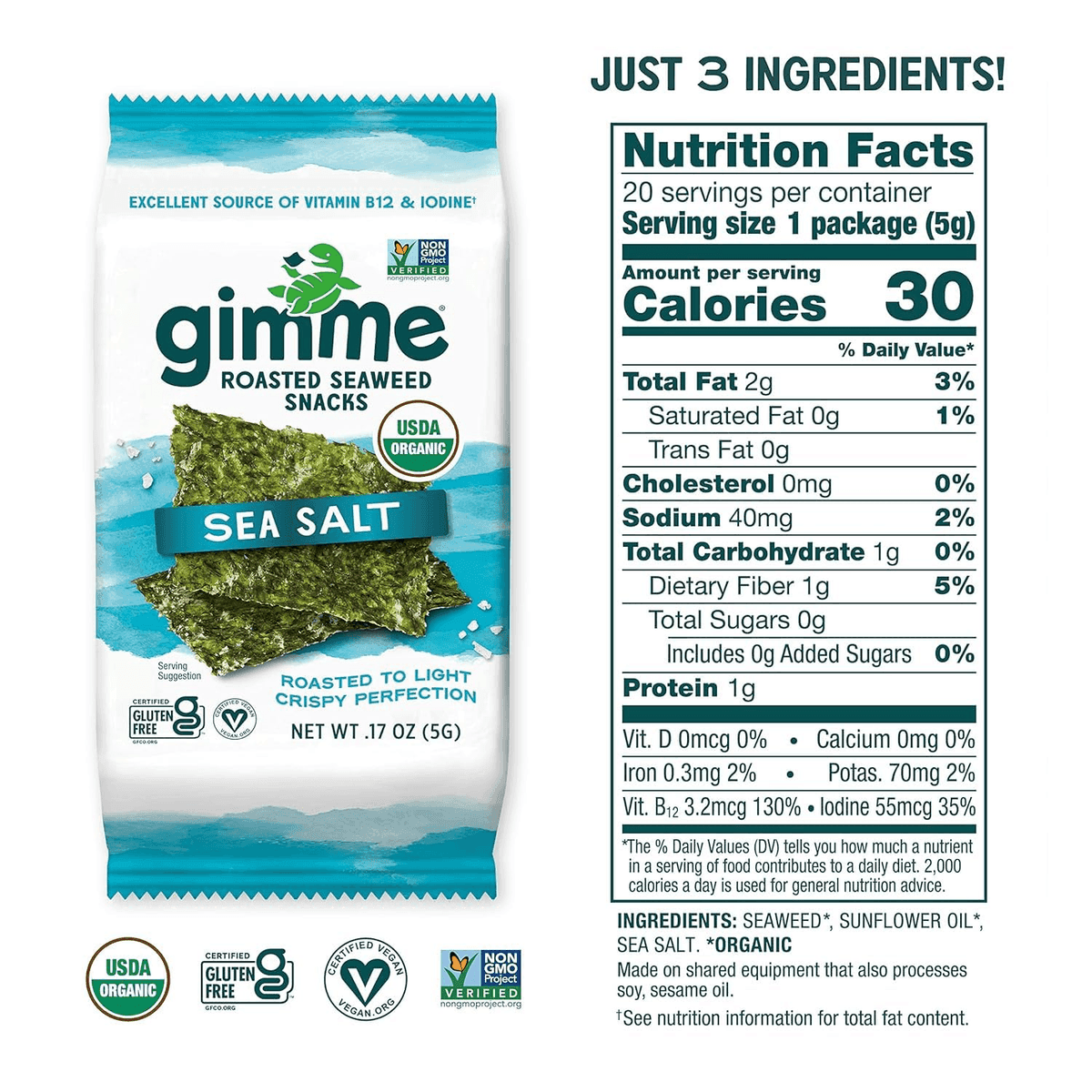 gimMe Organic Roasted Seaweed Snacks, Sea Salt, 20-Count image 2
